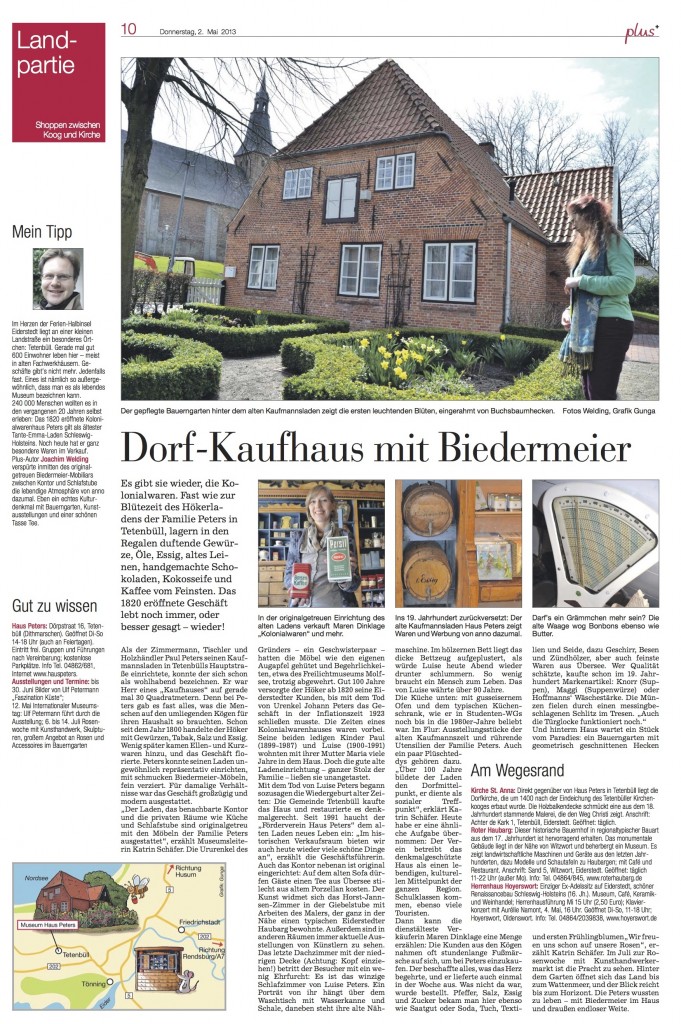 Kieler Nachrichten, 2. Mai 2013, Haus Peters-Artikel